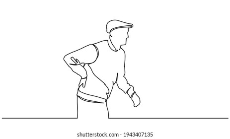 Continuous line drawing of  old man suffering from back pain. people, healthcare and problem concept of  man suffering from pain in back. One line drawing illustration.