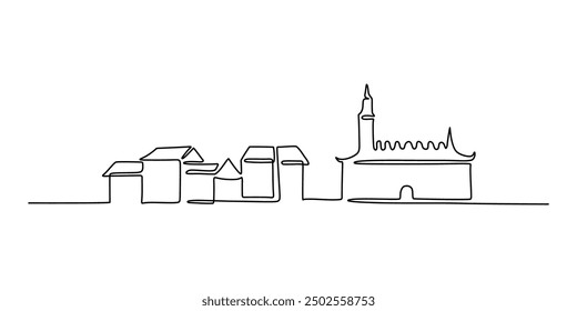 Continuous line drawing of an old residence and castle in Novi Sad, Serbia. Illustrates famous Serbian landmarks in a simple linear style.