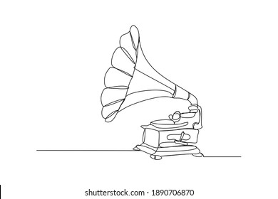 Continuous line drawing of old retro analog gramophone with vinyl desk. Single one line art of antique vintage music player concept. Musical instrument design vector illustration