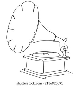 Continuous line drawing of old retro analog gramophone with vinyl desk. Single one line art of antique vintage music player concept. Musical instrument design vector illustration