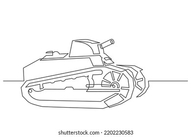 Kontinuierliche Zeichnung des alten Tanks. Metallkriegstank mit Kanonengewehr. Vektorgrafik.