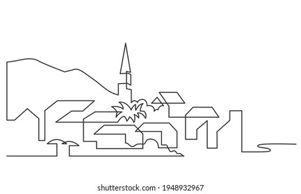 Continuous Line Drawing Old Town Near See. Landscape With Village And Mountain. Vector Illustration. Concept For Logo, Card, Banner, Poster, Flyer