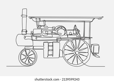 Dibujo continuo en línea de un tractor de vapor antiguo