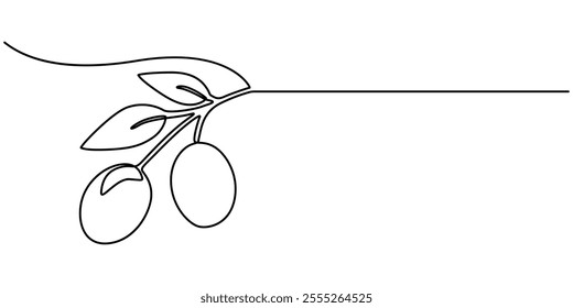 Continuous Line Drawing of Olive Icon. Hand Drawn Symbol Vector Illustration, Olive Brunch Vector Illustration. Fruit, Green, Mediterranean Cuisine, Olive Oil, Aroma, Single one line drawing of heap. 