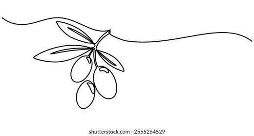 Continuous Line Drawing of Olive Icon. Hand Drawn Symbol Vector Illustration, Olive Brunch Vector Illustration. Fruit, Green, Mediterranean Cuisine, Olive Oil, Aroma, Single one line drawing of heap. 