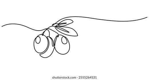 Continuous Line Drawing of Olive Icon. Hand Drawn Symbol Vector Illustration, Olive Brunch Vector Illustration. Fruit, Green, Mediterranean Cuisine, Olive Oil, Aroma, Single one line drawing of heap. 