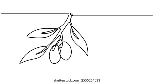 Continuous Line Drawing of Olive Icon. Hand Drawn Symbol Vector Illustration, Olive Brunch Vector Illustration. Fruit, Green, Mediterranean Cuisine, Olive Oil, Aroma, Single one line drawing of heap. 