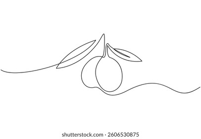 Continuous Line Drawing of Olive Icon. Hand Drawn Symbol Vector Illustration, Single continuous line drawing of organic olive fruit brunch. Modern one line draw design graphic vector.