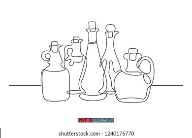 Continuous line drawing of olive oil bottles. Template for your design works. Vector illustration.