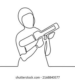 dibujo de línea continua sobre alguien que sostiene una pistola