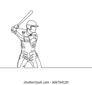 Continuous Line Drawing or One Line Drawing of Baseball Player Positioning as A Hitter. 