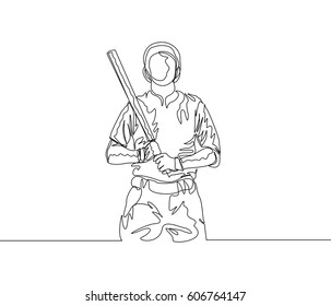 Continuous Line Drawing or One Line Drawing of Baseball Player Positioning as A Hitter. 