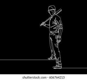 Continuous Line Drawing or One Line Drawing of Baseball Player Positioning as A Hitter. 