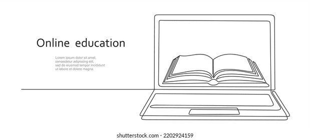 Continuous line drawing or one line drawing of a book on a computer. Vector illustration of modern education and technology. Online education concept. Illustration with quote template. 