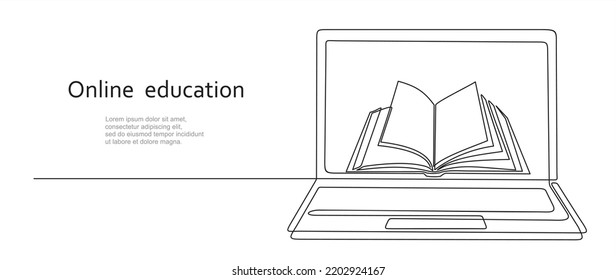 Kontinuierliche Zeilenzeichnung oder eine Zeilenzeichnung eines Buches auf einem Computer. Vektorgrafik der modernen Bildung und Technologie. Online-Bildungskonzept. Illustration mit Angebotsvorlage. 