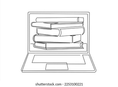 Dibujo continuo de líneas o un dibujo de líneas de un libro en un equipo. Ilustración vectorial de la educación y la tecnología modernas. Concepto de educación en línea.