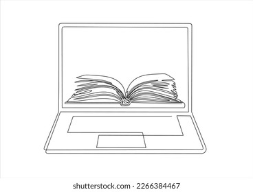 Continuous line drawing or one line drawing of a book on a computer. Vector illustration of modern education and technology. Online education concept.