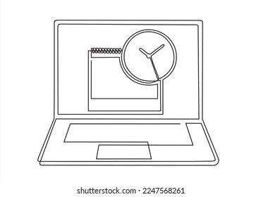 Dibujo continuo de línea o un dibujo de línea de Calendario y reloj en pantalla portátil. Programar conceptos. Elementos gráficos de diseño de líneas modernas. Ilustración del vector