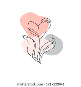 Continuous line drawing. One line flower in the shape of a heart. Modern linear art on white background