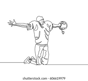 Continuous Line Drawing or One Line drawing of Football Player released his helmet and spreaded his hands