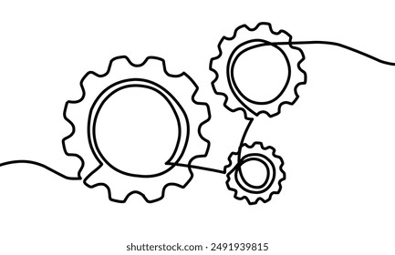 Continuous line drawing with one gear. One continuous line illustration of gear wheel. Simple linear style. Vector ilustration