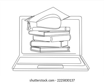 Continuous line drawing or one line drawing Graduation Hat and books stack  on a computer. Vector illustration of modern education and technology. Online education