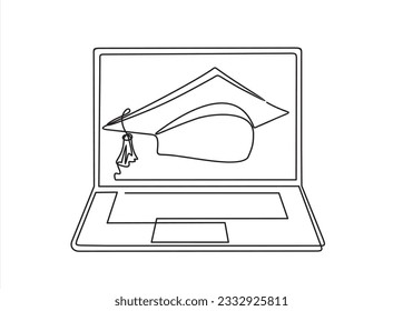 Kontinuierliche Zeilenzeichnung oder eine Zeile Zeichnung Graduation Hut auf Bildschirm-Laptop. Vektorgrafik der modernen Bildung und Technologie. Online-Bildung