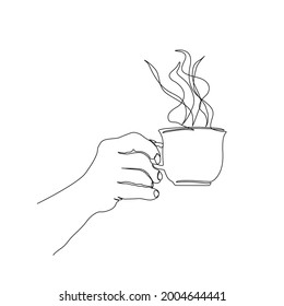 continuous line drawing of one hand holding a coffe cup. Lineart hand drawn with active stroke. 