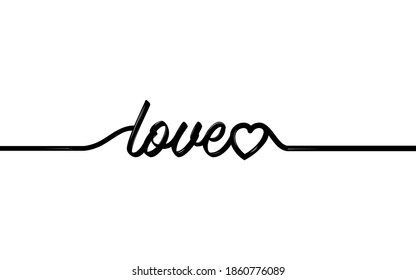 Continuous line drawing of one hearts and word LOVE, Black and white vector minimalist illustration of love concept.