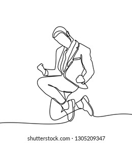 Continuous line drawing of one male happy jumping . Vector