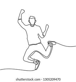 Continuous line drawing of one male happy jumping . Vector