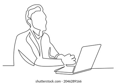 Continuous Line Drawing One Person Man With Laptop Sitting Studying. Lecture Coaching Concept, Professional Development.