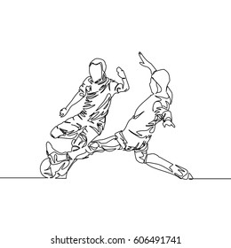 Desenho de linha contínua ou desenho de uma linha de dois jogadores de futebol lutando pela bola