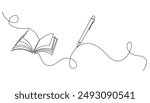 continuous line drawing of open book and pen.one line vector drawing of book and pen.concept of education in one line vector.background for world book day,international education day.