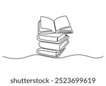 Continuous line drawing of an open book on a stack of books. Symbolizing knowledge and learning. Vector illustration minimalist.