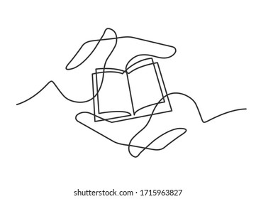 Continuous line drawing of open book in hands. Book between two  human hands meaning care and love.  Vector illustration