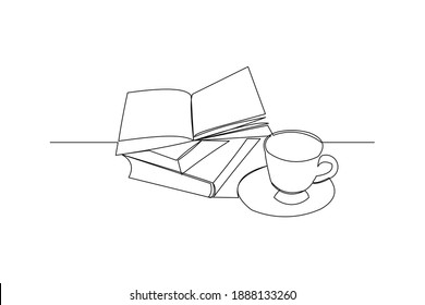 Continuous line drawing of an open book beside a cup of coffee at work desk. Writing draft business concept. Modern single one line art draw design vector graphic illustration