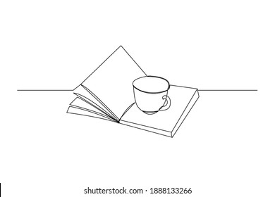 Continuous line drawing of an open book beside a cup of coffee at work desk. Writing draft business concept. Modern single one line art draw design vector graphic illustration