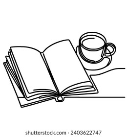 continuous line drawing of an open book and a cup of coffee. vector illustration