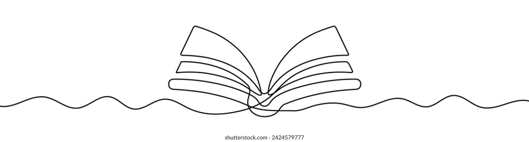 Continuous line drawing of an open book. One line drawing background. Vector illustration. Single line book icon.