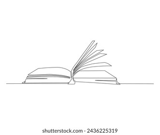 Continuous Line Drawing Of Open Book. One Line Of Book Have Been Open. Books Continuous Line Art. Editable Outline.