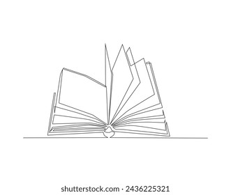 Continuous Line Drawing Of Open Book. One Line Of Book Have Been Open. Books Continuous Line Art. Editable Outline.