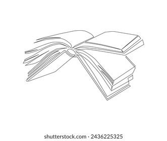 Continuous Line Drawing Of Open Book. One Line Of Book Have Been Open. Books Continuous Line Art. Editable Outline.