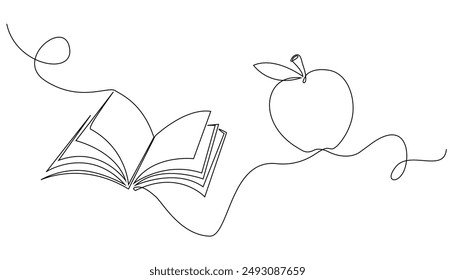 continuous line drawing of an open book and an apple.one line vector drawing of a book and an apple.concept of education in one vector line.background for world book day, international education day.
