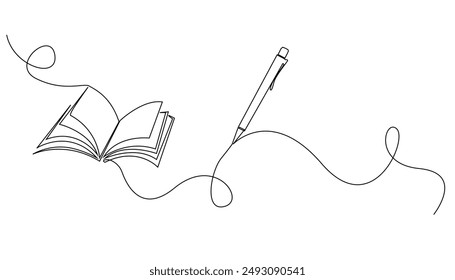 dibujo de línea continua de libro abierto y pluma. dibujo de Vector de una línea de libro y pluma. concepto de educación en un Vector de línea. fondo para el día mundial del libro, día internacional de la educación.