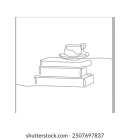 Continuous line drawing of an open book beside a cup of coffee at work desk. Writing draft business concept. Modern single one line art draw design vector graphic illustration.