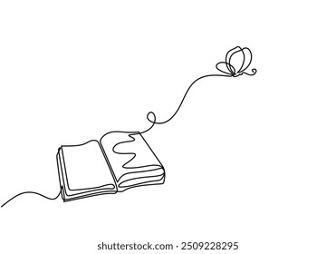 Continuous line drawing of an open book and a butterfly, symbolizing freedom in education and literature. Vector illustration with a minimalist hand-drawn design, isolated on white.