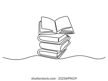 Kontinuierliche Linienzeichnung eines offenen Buches auf einem Stapel von Büchern. Symbolisierung von Wissen und Lernen. Vektorgrafik minimalistisch.