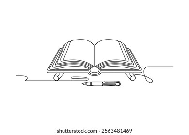 Continuous Line Drawing of Open Book with Pen - Minimalist Education and Writing Vector Illustration