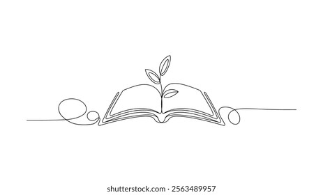 Continuous Line Drawing Of Open Book with Plant Sprout - Growth and Knowledge Concept Illustration